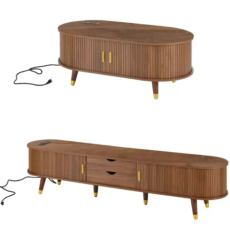 CLIHOME Wooden Farmhouse TV Stand & Coffee Table Set with Charging Station, Oval Fluted Media Console for TVs up to 80