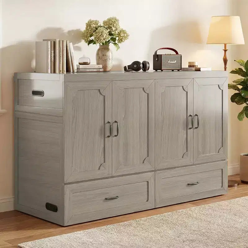 Mjkone Queen Size Convertible Murphy Cabinet Bed with Mattress, USB Charging, Storage Drawers