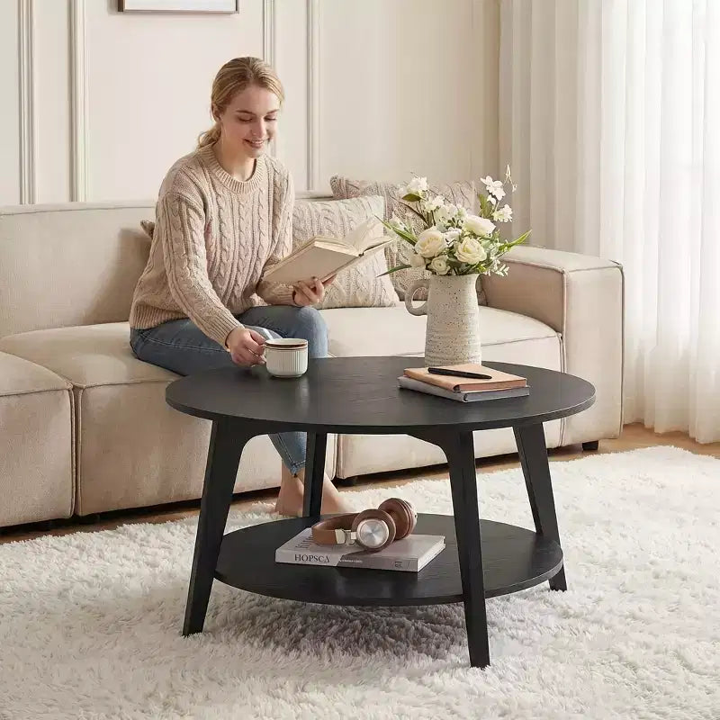 Honey Brown Round Coffee Table with 2 Tiers of Storage, Measuring 31.5 x 17.7 Inches, Ideal for the Living Room