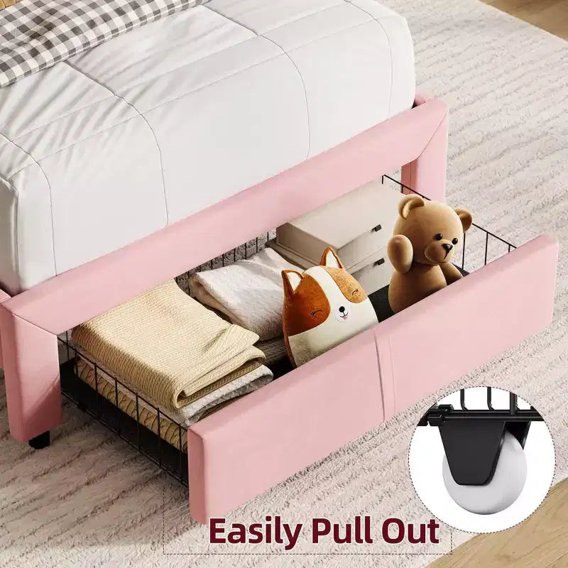 2 Pack Twin Bed Frame with Storage Drawers & Headboard, Velvet Upholstered, Low Profile, Noise-Free, Easy Assembly Pink
