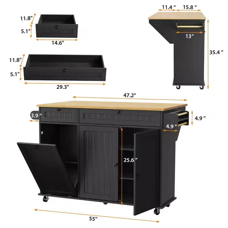 55 Mobile Island Table with Power Outlet & Drop Leaf, Kitchen Rolling Island Kitchen Island Cart with Trash Storage Cabinet for Kitchen
