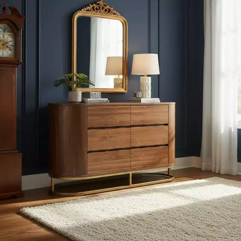 Modern 6-Drawer Dresser with Live Edge Design, Metal Base & Durable Mixed Wood Construction