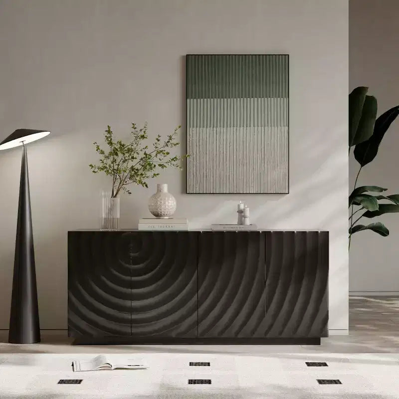 59 Modern Spiral Sideboard Buffet Cabinet, Low Profile Art Entryway Storage Cabinet with 3D Ripple Texture Doors