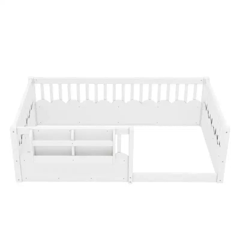 Bellemave Kids Floor Bed with Heightened Fence and Bookshelf, Wooden Twin Montessori Bed Frame for Girls Boys