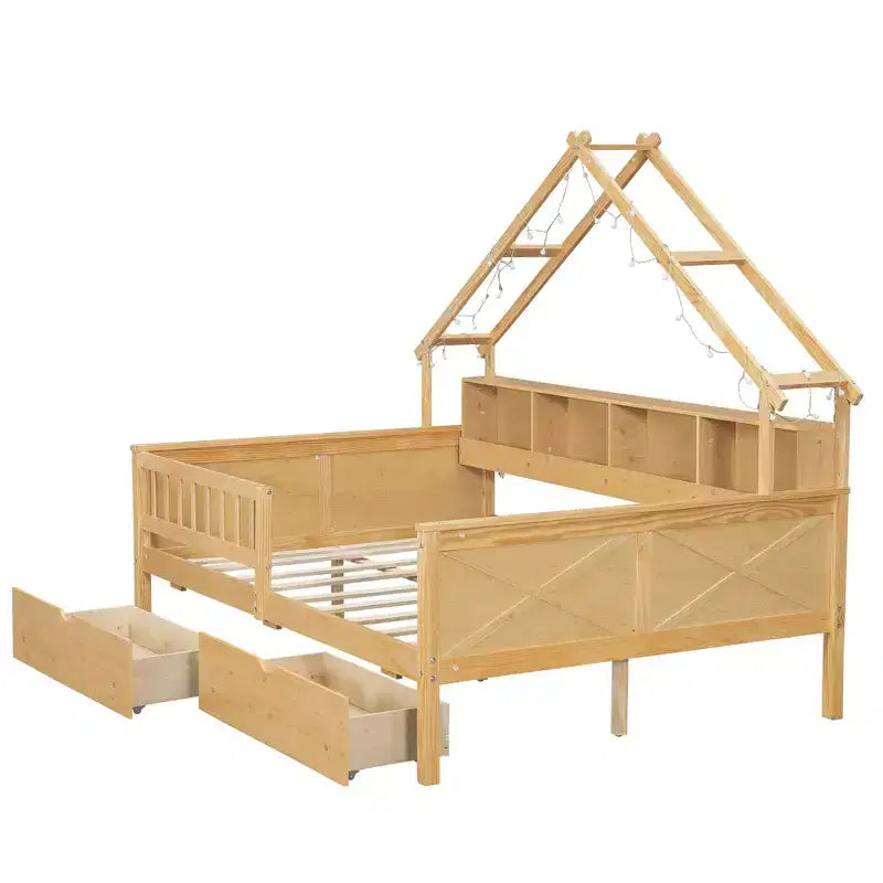 Full Size House Bed Frame with Drawers, House Platform Bed with LED Lights, Storage Shelves & Drawers, Wood Daybed with Roof and Guardrail