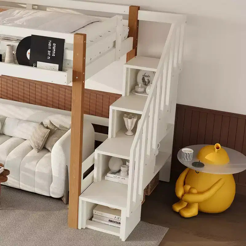 Modern Loft Bed with Clothes Hook, Storage Shelves and Underbed Space