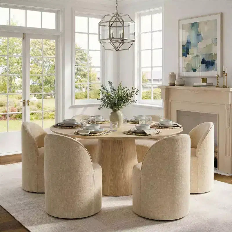 Modern Dining Table Set For 6, Round Pedestal Dining Table, Swivel Rolling Barrel Chairs With Wheels, Textured Chenille- Panipeachy