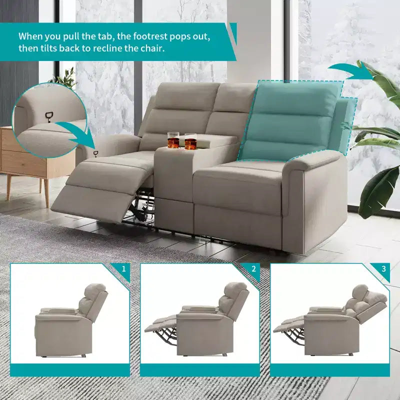 Beige/Gray Tech Fabric Reclining Loveseat Sofa, 2-Seat, Adjustable Backrest & Footrest