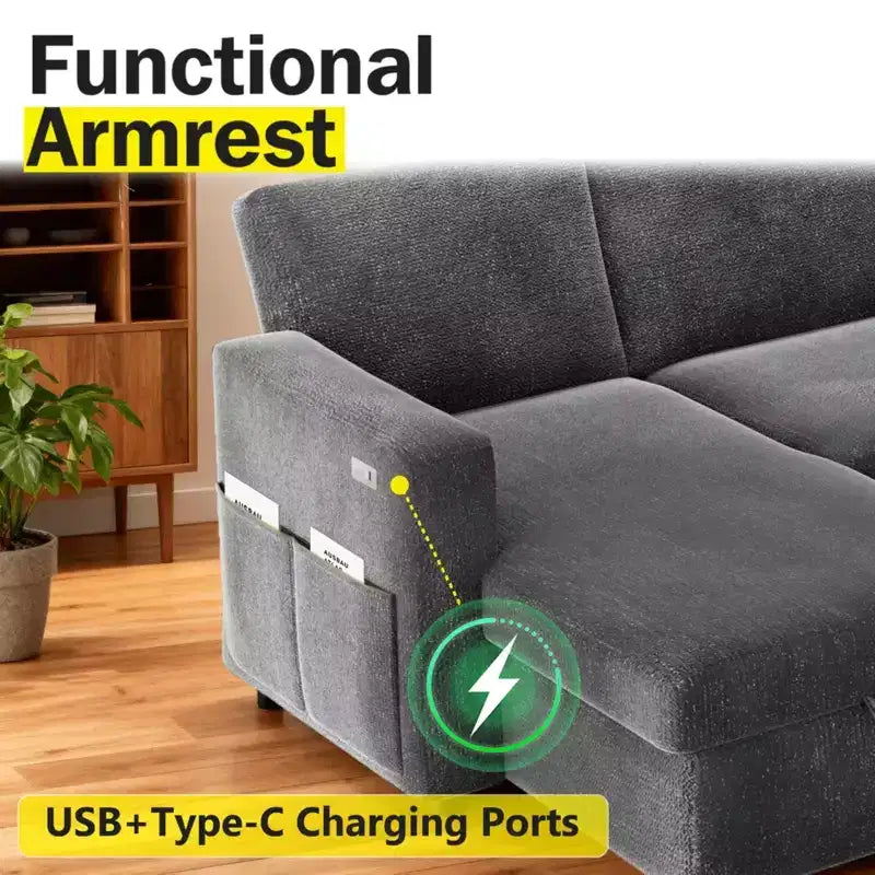 2-in-1 Pull Out Sleeper Sofa with Storage Chaise, Chenille Sectional Couch with USB Ports for Living Room
