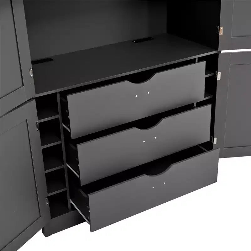 Grand meuble de garde-manger de cuisine avec prises électriques, grand placard autoportant avec support pour micro-ondes, tiroirs, étagères, casiers à vin et étagère de porte