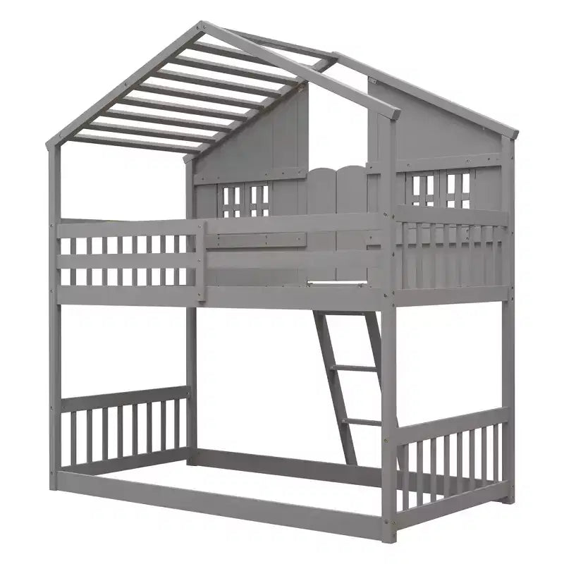 Twin Size House-Shaped Loft Bed, Wood Playhouse Loft Bed with Ladder & Guardrails for Kids