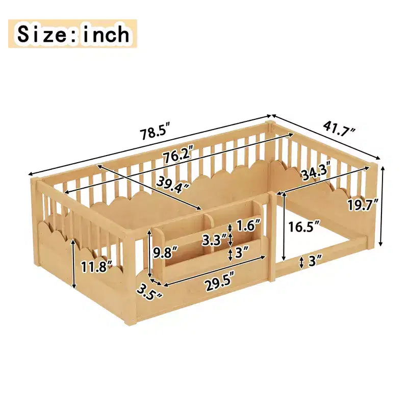 Bellemave Kids Floor Bed with Heightened Fence and Bookshelf, Wooden Twin Montessori Bed Frame for Girls Boys