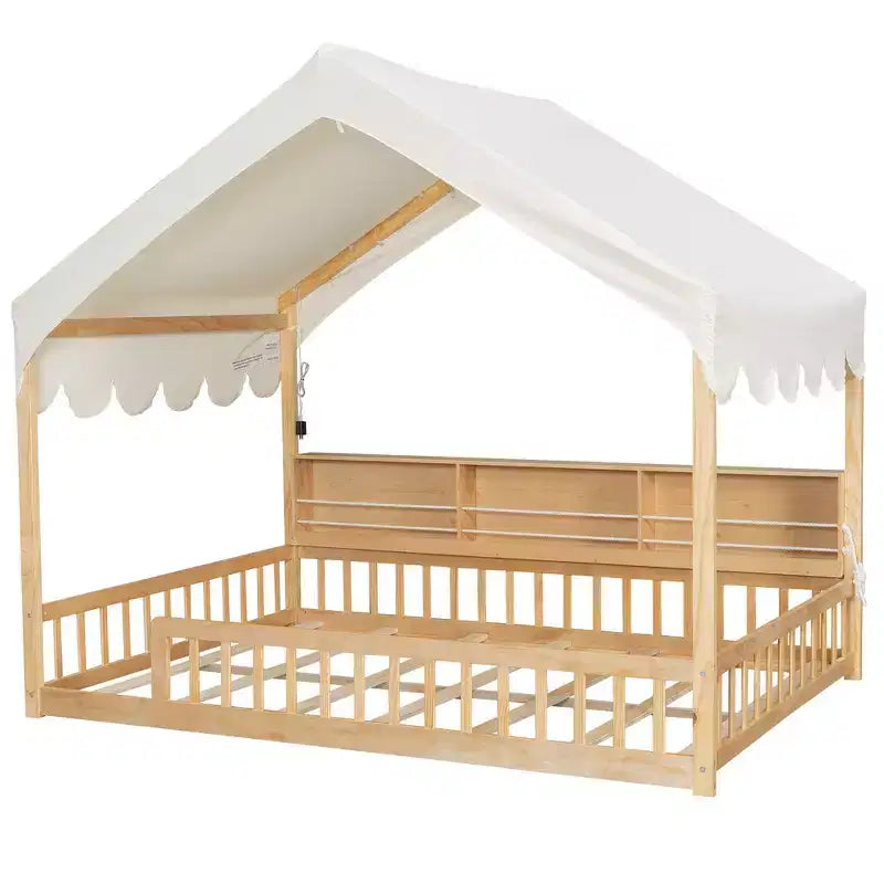 Whisen Full Size Wooden Floor Bed Frame, House-Shaped Daybed with Fense, 3 Storage Bookshelves, Curtain
