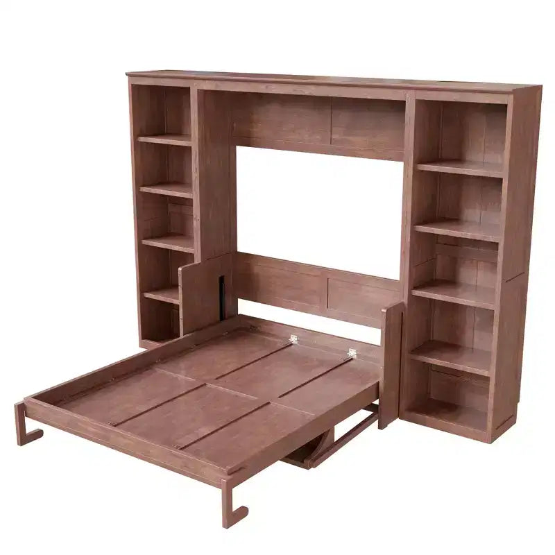 Full/Queen Size Murphy Bed Space-Saving Wall Bed with Desk and Bookshelf, Dark Brown - ModernLuxe