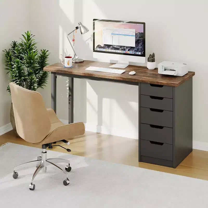 47 Inch Computer Desk with 5 Storage Drawers, Reversible Modern Rustic Study Writing Table, Home Office Workstation for Small Spaces