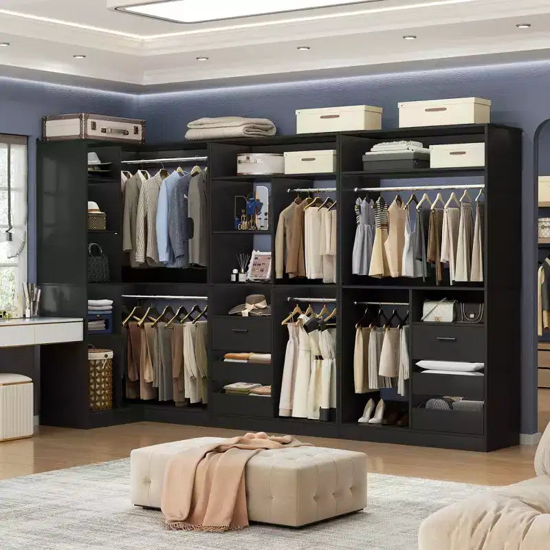 Besiost Set of 3 Corner Closet System with Tower Shelves and Drawers, Freestanding Closet Organizer with Hanging Rods