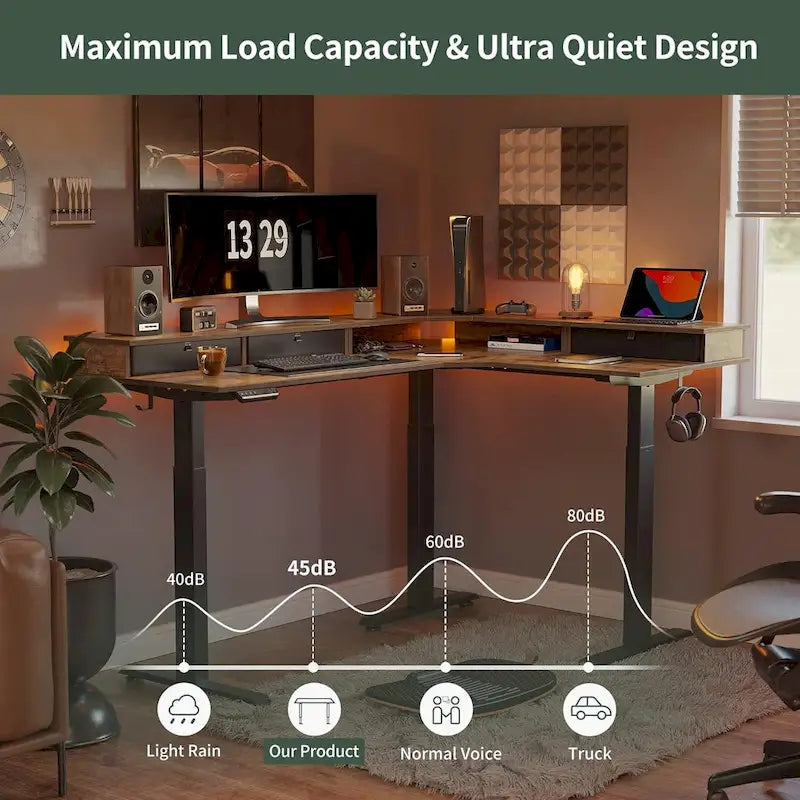 L-Shaped Electric Standing Desk with 3 Drawers & Lockable Casters, 63