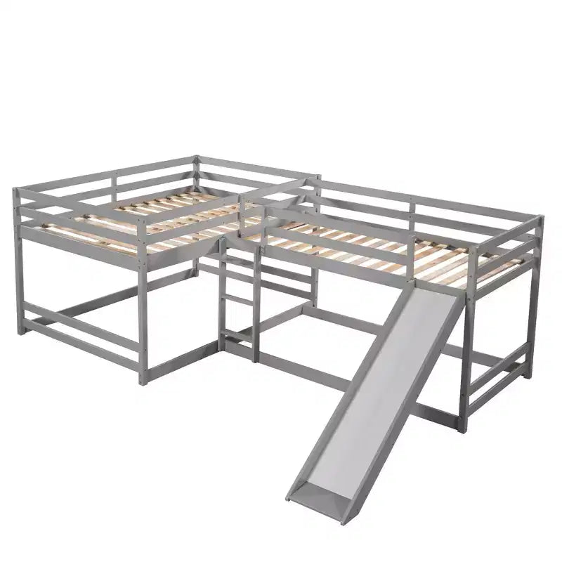 L Shaped Bunk Bed for 4 Kids, Quad Bunk Bed with Slide Full and Twin Wood Bunk Frame for Bedroom Dorm