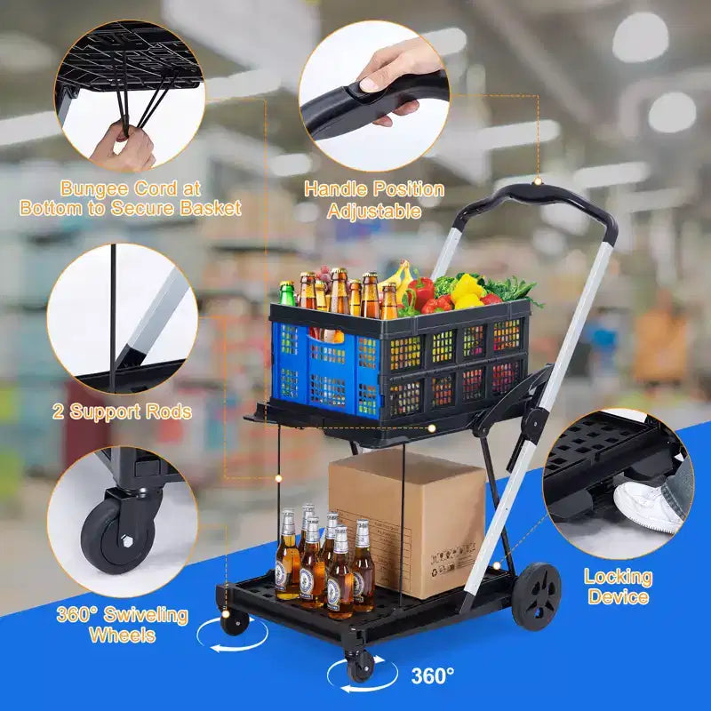 2 Tier Folding Shopping Carts for Groceries, 198 LB Capacity, Collapsible Portable Grocery Cart with Wheels & Removable Crate for Mall Market, Blue