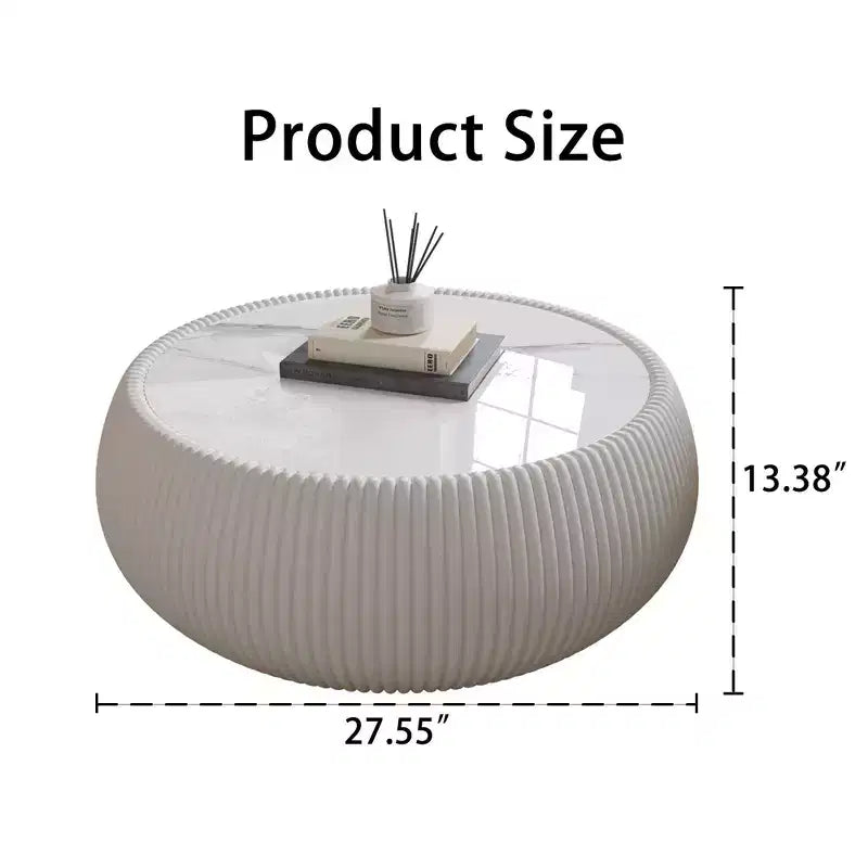 Okak Modern Round Drum Shape Coffee Table with Marble Top & Leather Side,Fashionable Center Table for Living Room,Bedroom