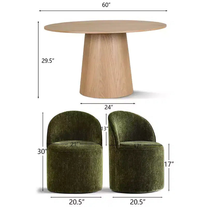 Modern Dining Table Set For 6, Round Pedestal Dining Table, Swivel Rolling Barrel Chairs With Wheels, Textured Chenille- Panipeachy