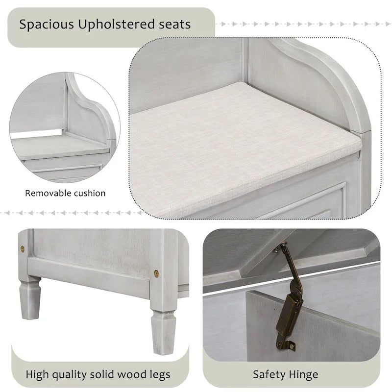 Rustic Solid Wood Entryway Storage Bench with Safety Hinge