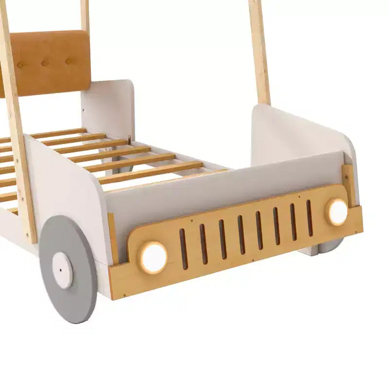 Whisen Wood Car Bed with Pillow, Ceiling Cloth and LED - Natural