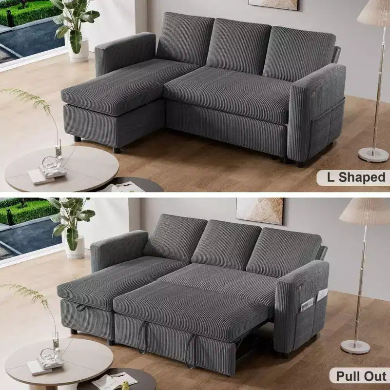 Dyonery 2 in 1 Pull Out Sleeper Sofa with Storage Chaise C Corduroy Sectional Couch with USB Ports for Living Room