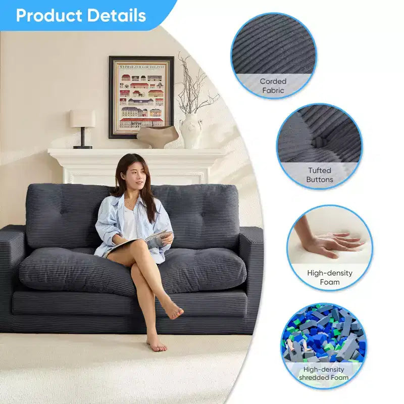 Mjkone 71'' 2-in-1 Convertible Futon Sofa Bed, Corded Fabric Foldable Tufted Buttons Loveseat Sleeper Sofa,Space-Saving
