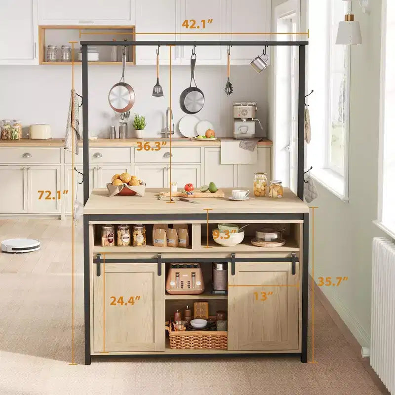 Kitchen Island , Bakers Rack with Sliding Barn Door 42'' Large Kitchen Island Table with 3-Tier Microwave Stand Oven Shelves Coffee Bar Table Set