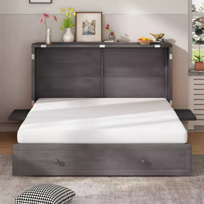 Mjkone Murphy Bed Queen,Cube Cabinet Chest Bed with Charging Station&Storage Space