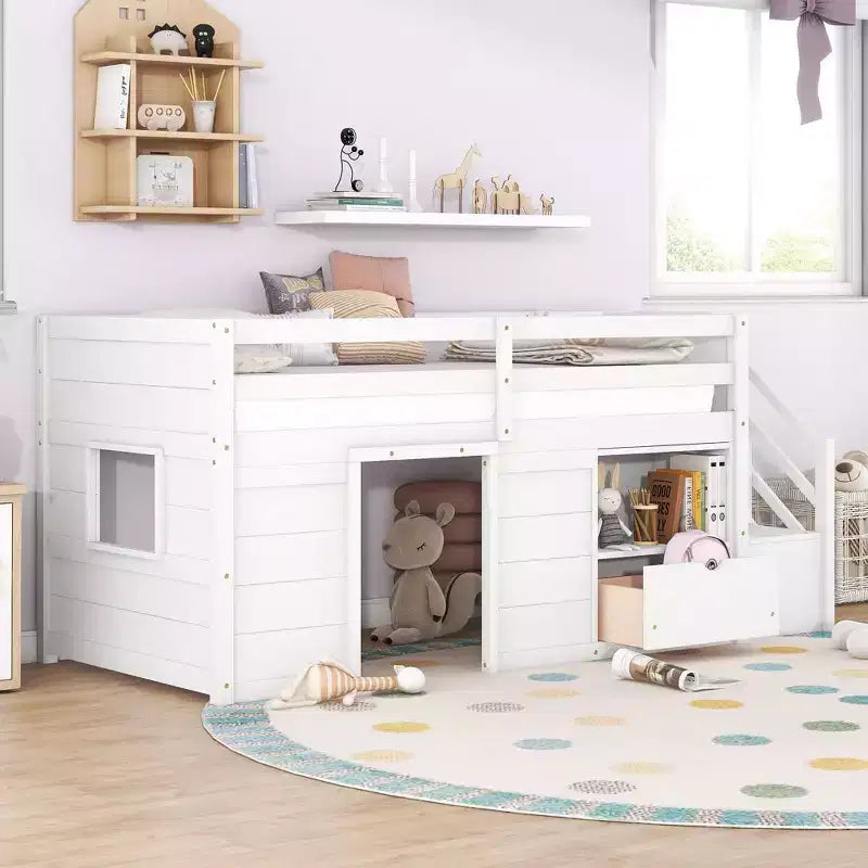 Lit mezzanine jumeau Okak en bois massif avec escalier et rangement, lits superposés jumeaux à profil bas avec tiroirs et étagères, lits mezzanine multifonctionnels pour enfants et adolescents