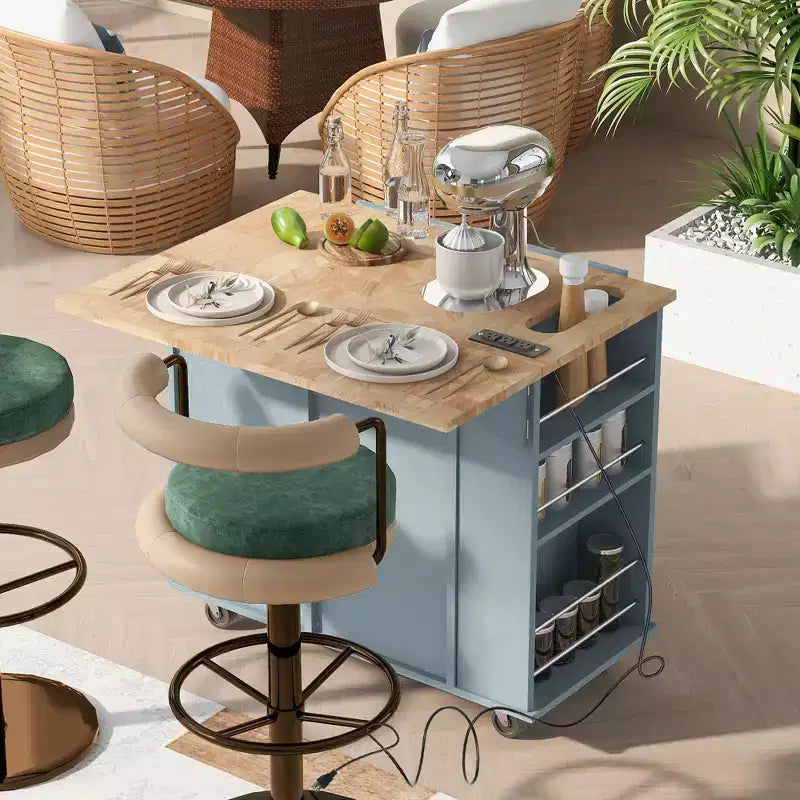 Movable Kitchen Island with Power Outlet, Drop Leaf and Rubber Wood Top