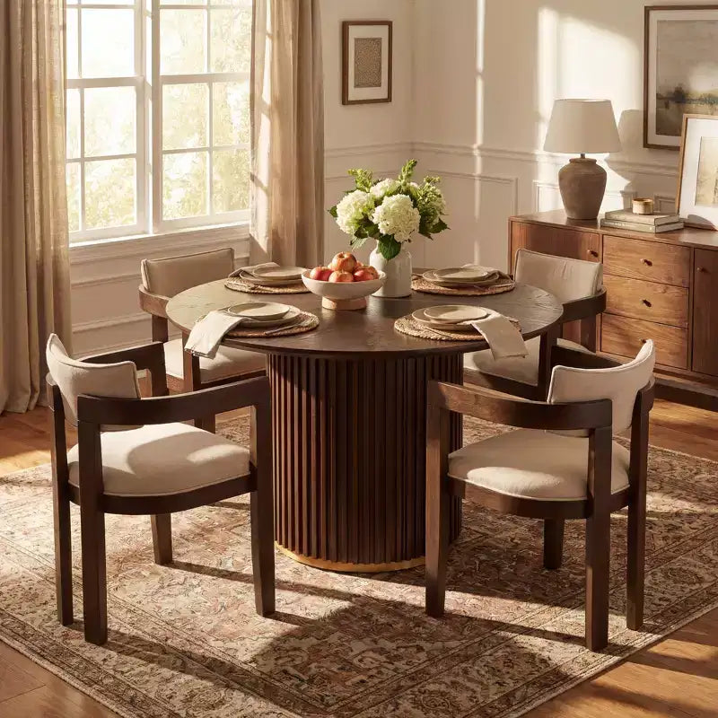 Christopher Knight Home Shankar Modern 5 Piece Round Dining Table Set with Rubberwood Upholstered Chairs