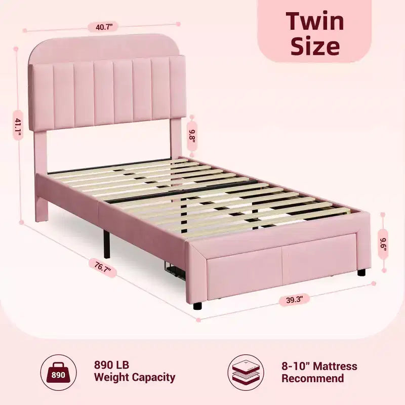 2 Pack Twin Bed Frame with Storage Drawers & Headboard, Velvet Upholstered, Low Profile, Noise-Free, Easy Assembly Pink