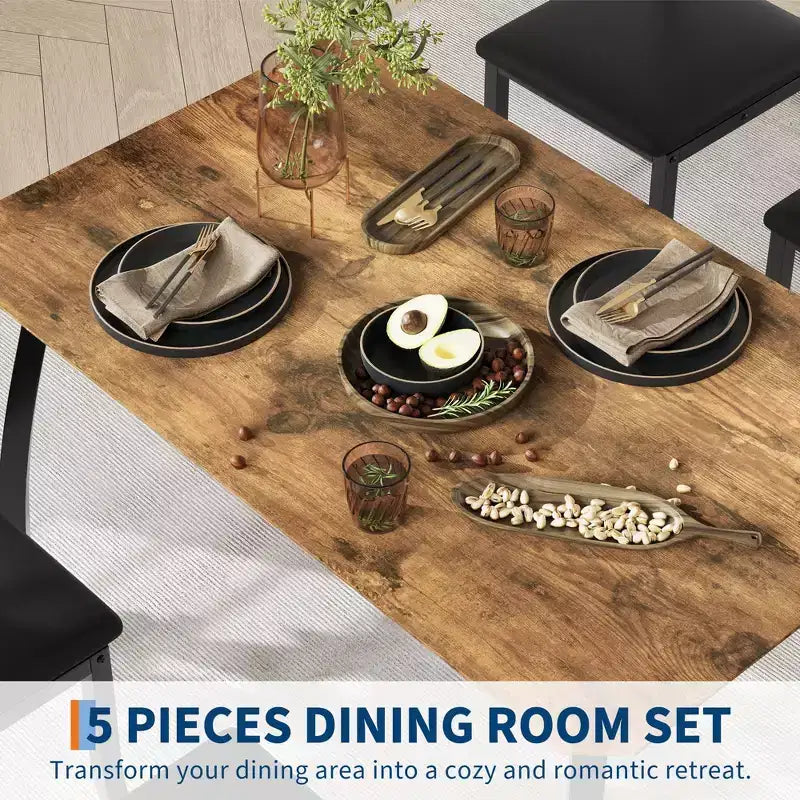 5 Piece Metal Frame Kitchen Table and Chair Set, with Chamfer Design