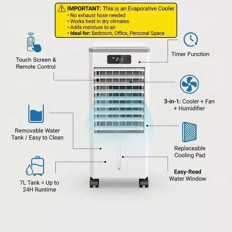 7L Portable Evaporative Air Cooler with Remote Control, 3 Speeds, Timer and Oscillating Fan for Home Office