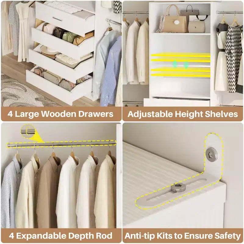 Besiost 4-9 Ft Wooden Closet Organizer System with 4 Drawers, 4 Hanging Rods & Shelving Towers