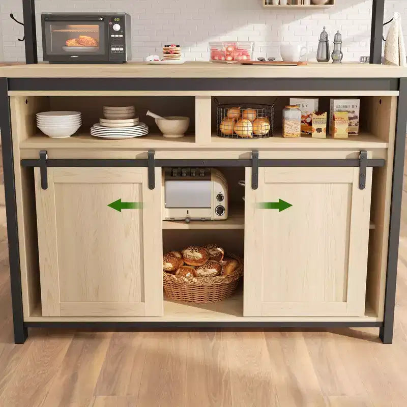 Kitchen Island , Bakers Rack with Sliding Barn Door 42'' Large Kitchen Island Table with 3-Tier Microwave Stand Oven Shelves Coffee Bar Table Set
