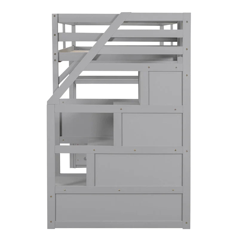Twin Size Loft Bed with Desk and Shelves, Two Built-in Drawers, Storage Staircase