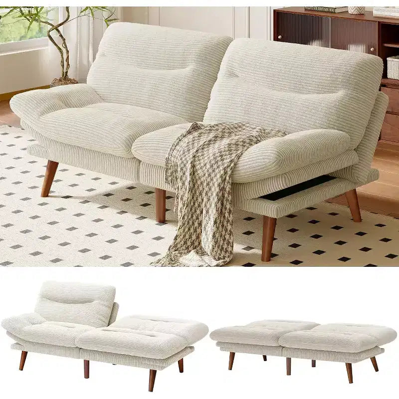 66-inch corduroy sofa bed with adjustable backrest and armrests, suitable for small spaces, living rooms, or offices as a futon sofa.
