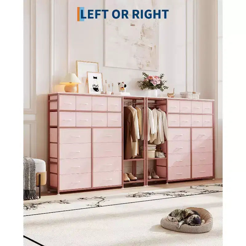Dresser with 16 Drawers & Hanging Rod & Shelves, Fabric Storage Organizer for Bedroom, Closet, or Entryway