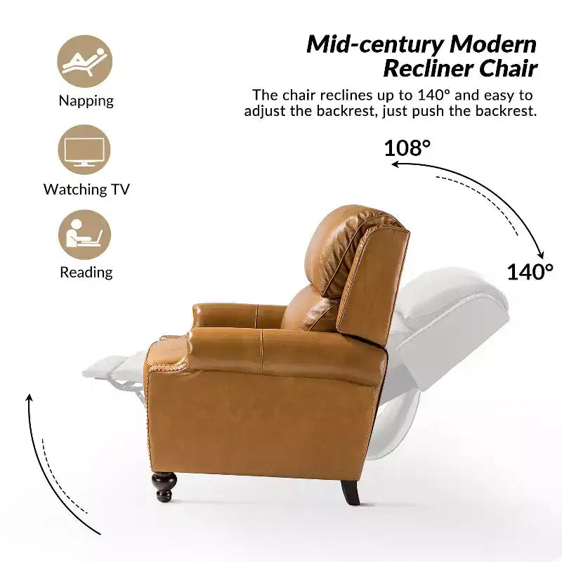 Set of 2 Elisabete Modern Wingback Genuine Leather Recliner with Vintage Nail Head Trim for Living Room and Bedroom| ART OF LIVING DESIGNS