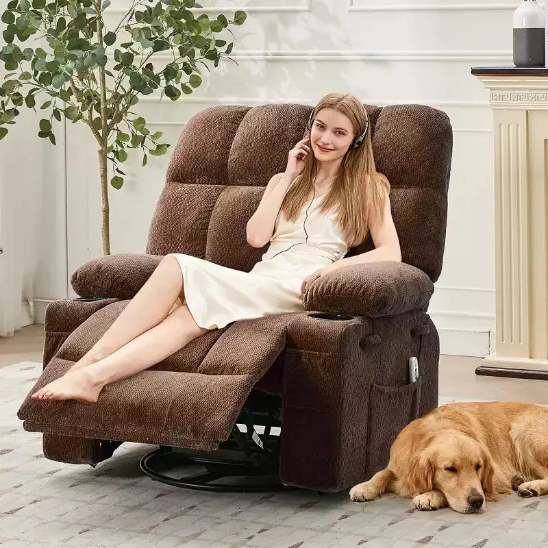 Oversized Recliner Chair for Adults, Manual Swivel Rocker Sofa, Side Pockets & Cup Holders for Big and Tall Persons, Living Room