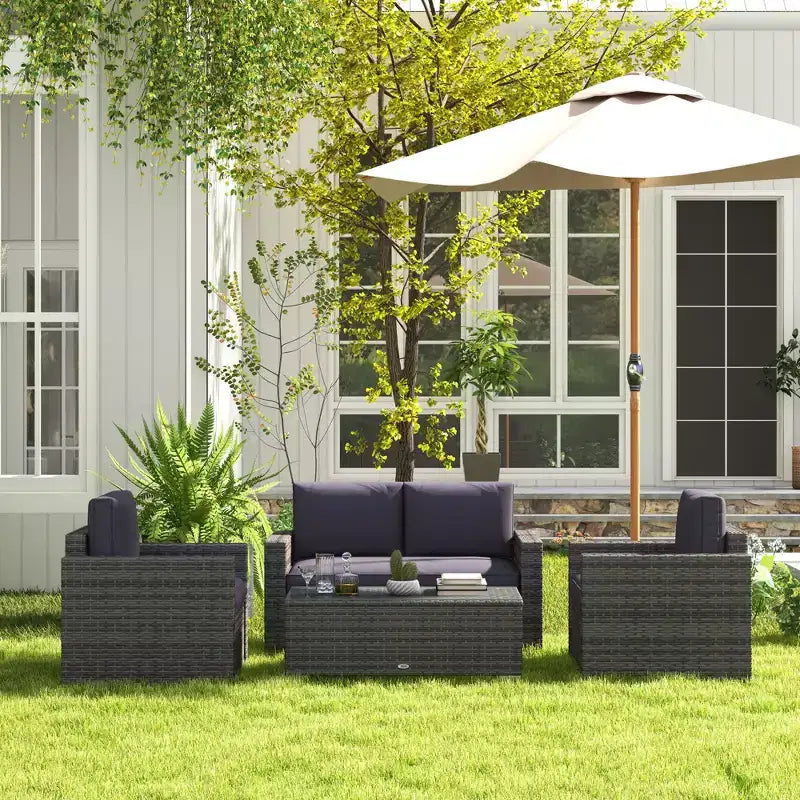4 Pieces Rattan Sofa Set Wicker Patio Sofa Set with Loveseat Chairs Glass Top Coffee Table for Garden Outdoor
