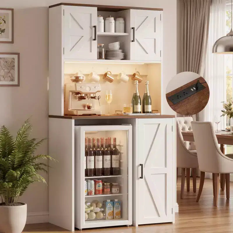 Besiost Kitchen Pantry Cabinet with Mini Fridge Space, Coffee Bar Cabinet with Storage Shelf