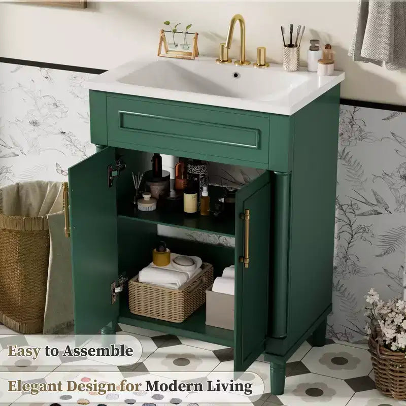 24 Bathroom Vanity with Ceramic Sink, Shaker Cabinet, 2 Soft-Close Doors, Solid Wood Frame for Small Bathroom or Powder Room