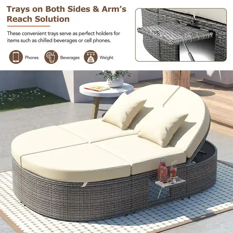 Outdoor Sun Bed Patio 2-Person Daybed with Cushions and Pillows