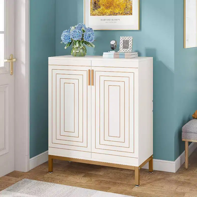 Shoe Cabinet for 20 Pairs, 6-Tier Modern Storage Cabinet with Doors, Freestanding Entryway Organizer, White & Gold