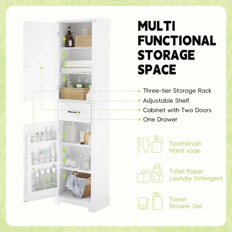 Freestanding Bathroom Cabinet with 2 Doors, Adjustable Shelves & Door Storage ,Tall Bathroom Organizer
